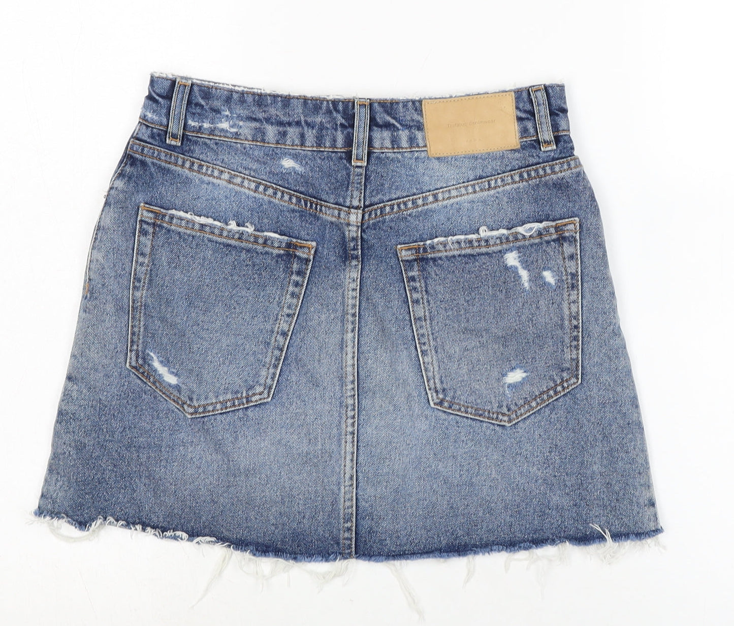 Zara Womens Blue Cotton A-Line Skirt Size XS Zip - Distressed