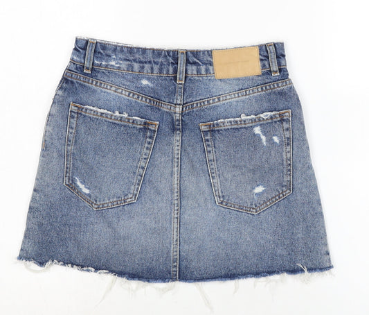 Zara Womens Blue Cotton A-Line Skirt Size XS Zip - Distressed