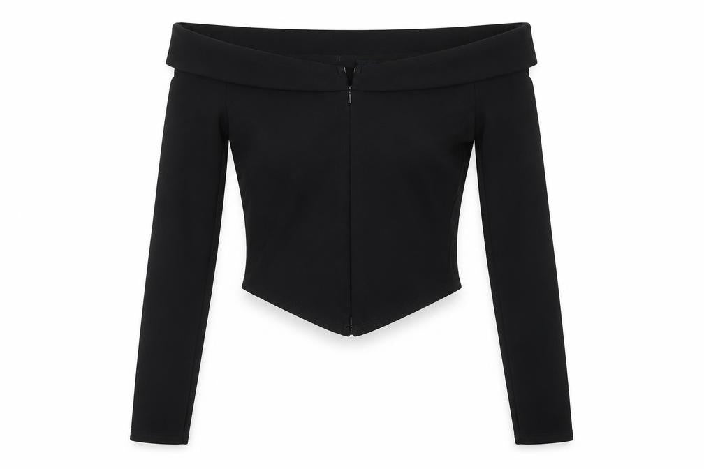 Front view of ASOS women’s black polyester cropped t-shirt, size UK 10, boat neck