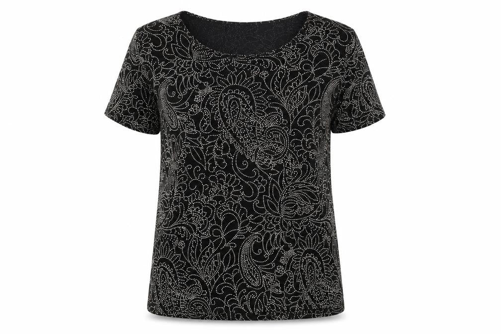 Roman Womens Black Floral Acetate Basic T-Shirt Size S Round Neck