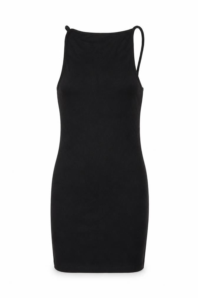 Front view of ASOS women’s black cotton bodycon, size UK 8, square neck pullover