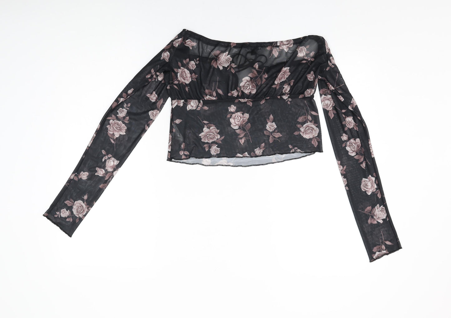 Motel Womens Black Floral Polyester Cropped T-Shirt Size M Off the Shoulder