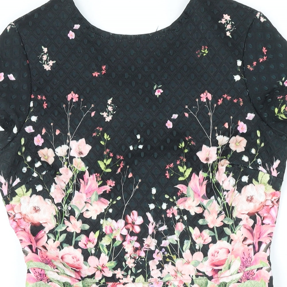 Lipsy Womens Black Floral Polyester A-Line Size 8 Round Neck Zip