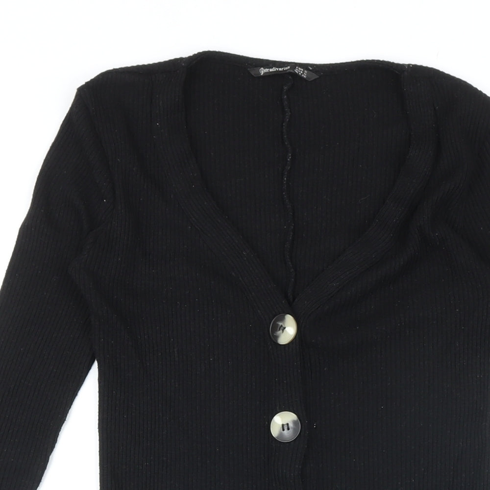 Stradivarius Womens Black Polyester A-Line Size S V-Neck Button