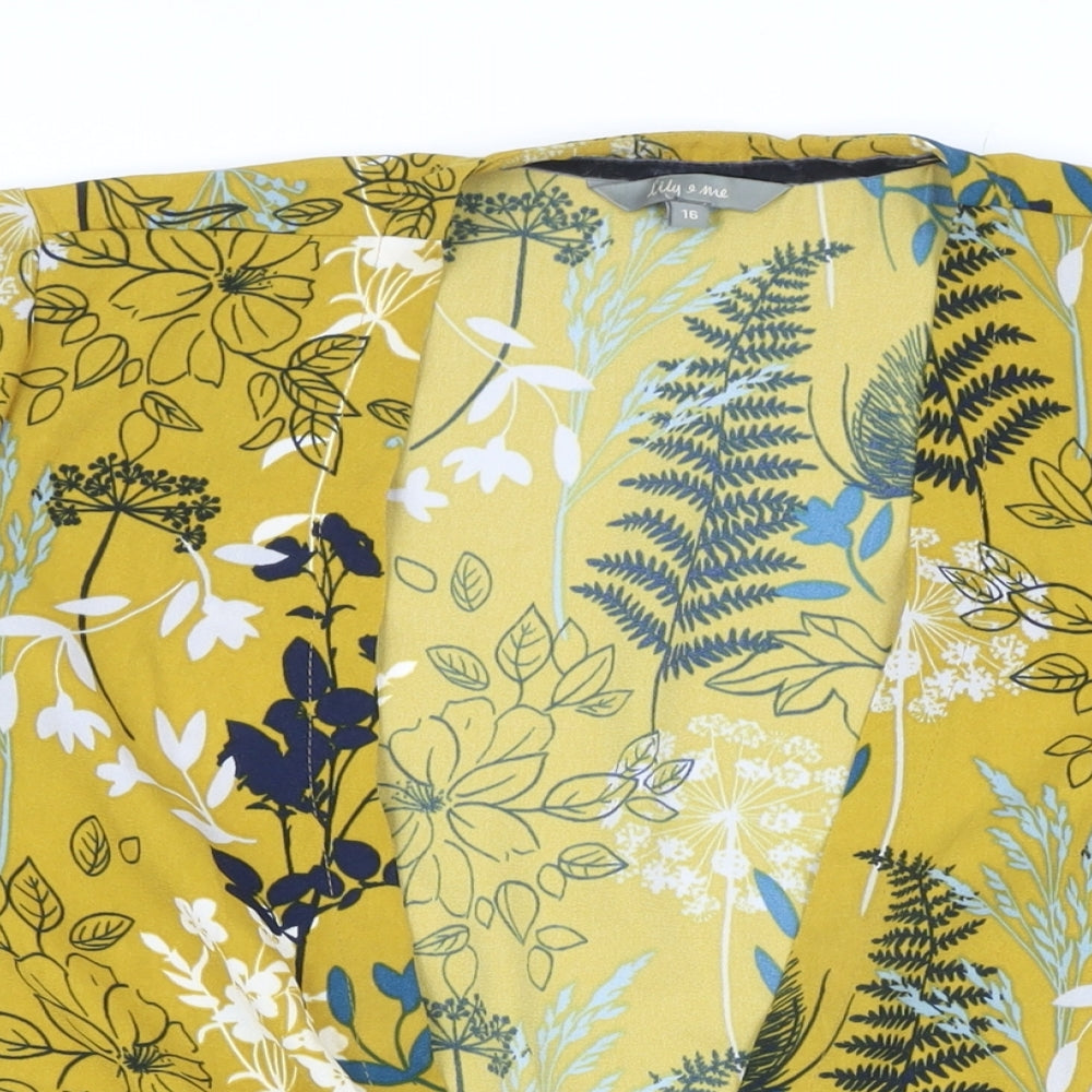 Lily & Me Womens Yellow Floral Polyester Basic Button-Up Size 16 V-Neck