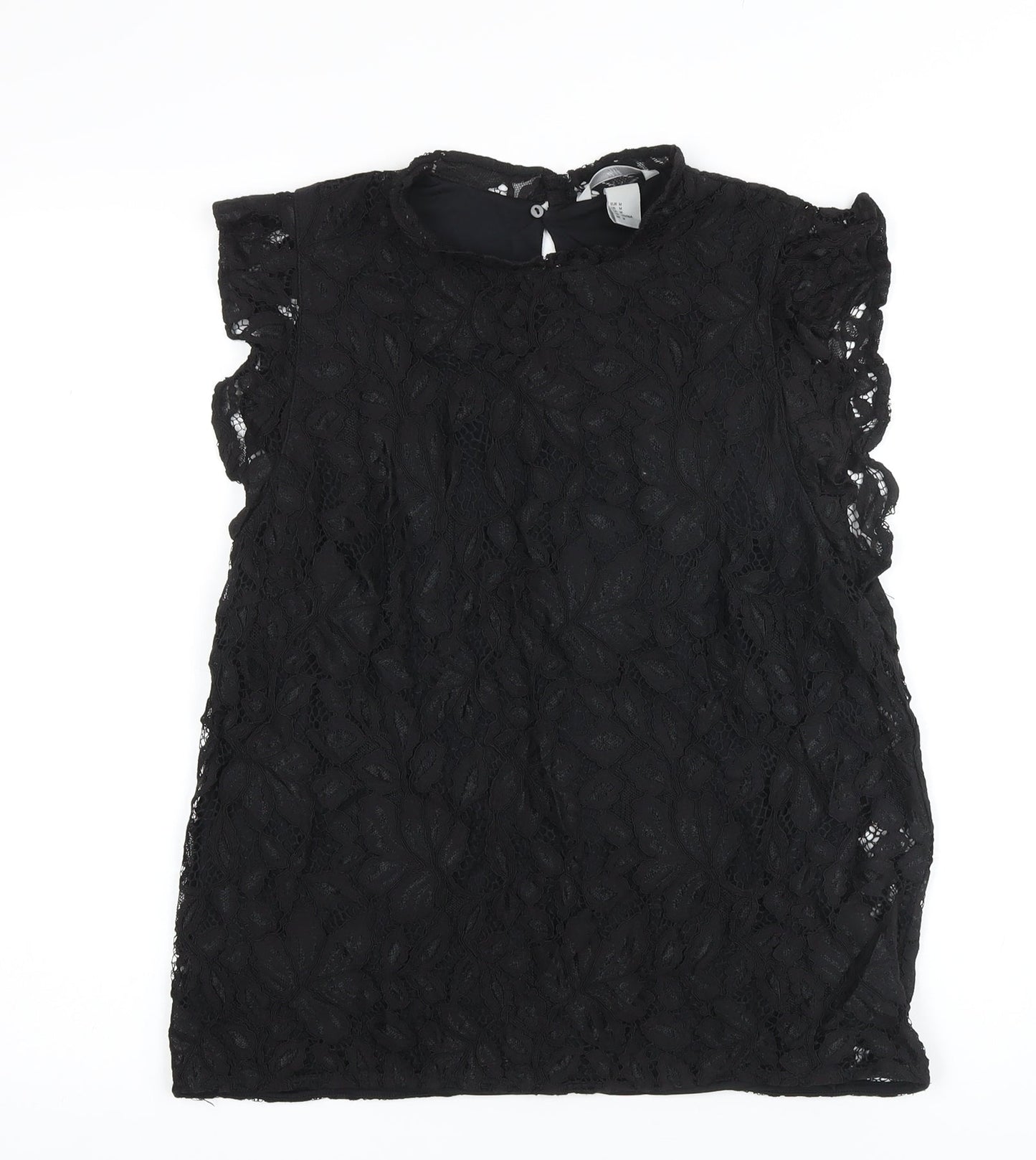 H&M Womens Black Cotton Basic Button-Up Size M Mock Neck - Lace Overlay