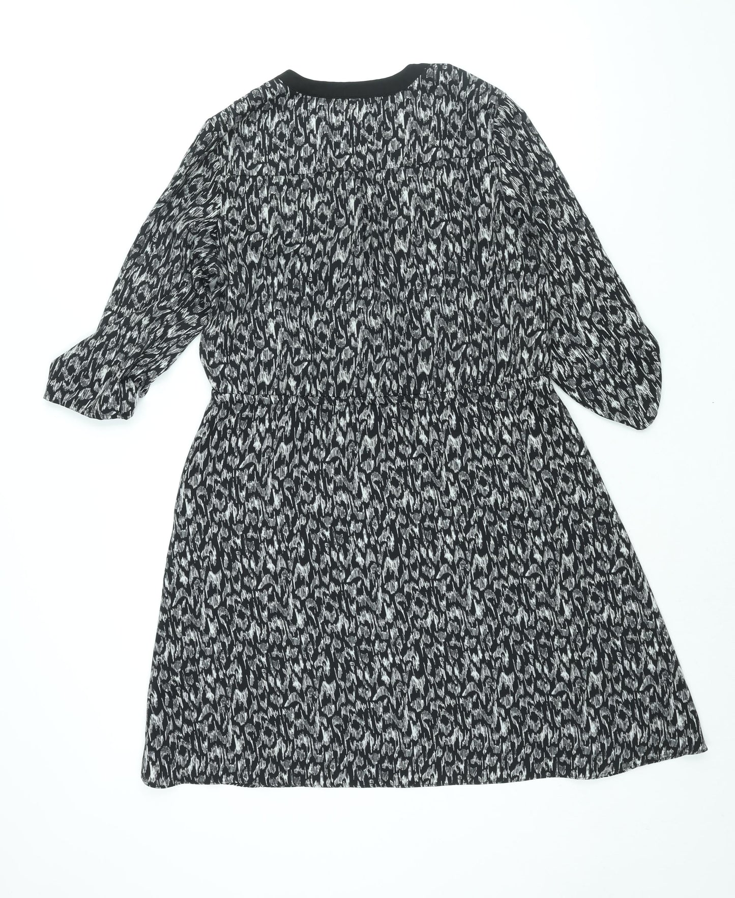 H&M Womens Black Geometric Polyester A-Line Size 12 V-Neck Button - Drawstring Waist