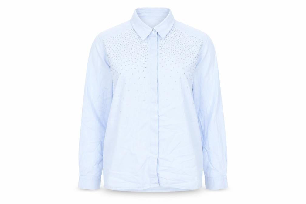 Zara Womens Blue Polyester Basic Button-Up Size XS Collared - Rhinestone Detail