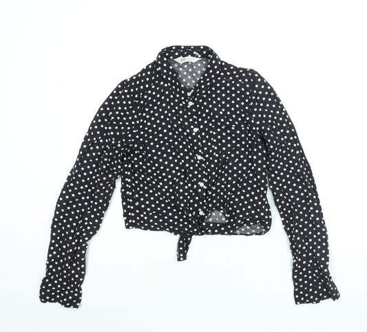 H&M Girls Black Polka Dot Viscose Basic Button-Up Size 13 Years Collared Button - Tie Detail