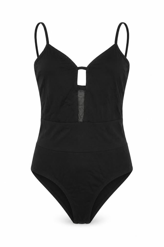 Front view of Miss Selfridge women’s black viscose bodysuit one-piece, size UK 6, snap - mesh panel