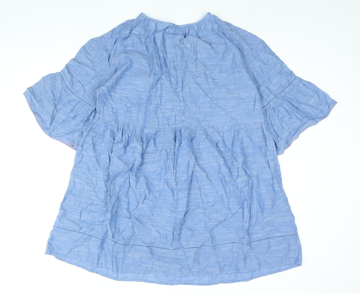 Marks and Spencer Womens Blue Cotton Shift Size M Round Neck Lace Up - Smocked Tassle