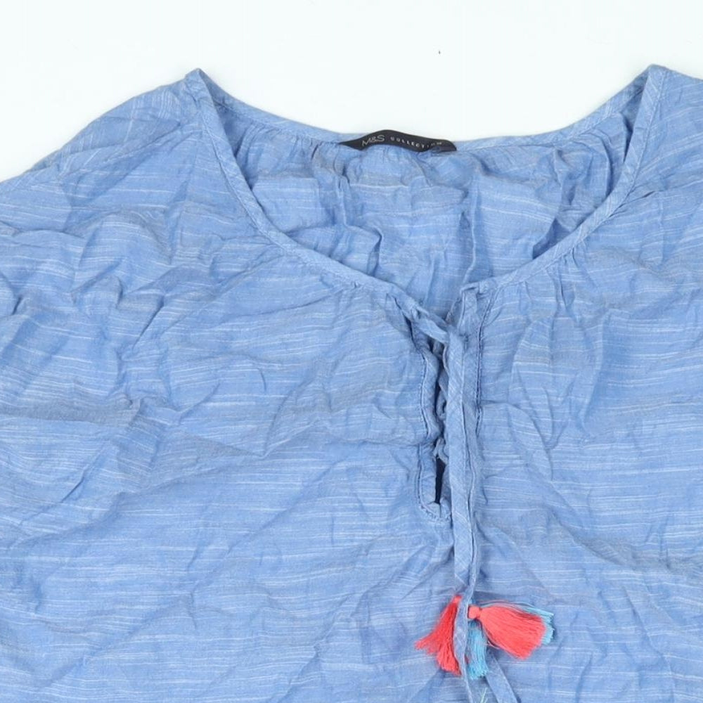 Marks and Spencer Womens Blue Cotton Shift Size M Round Neck Lace Up - Smocked Tassle
