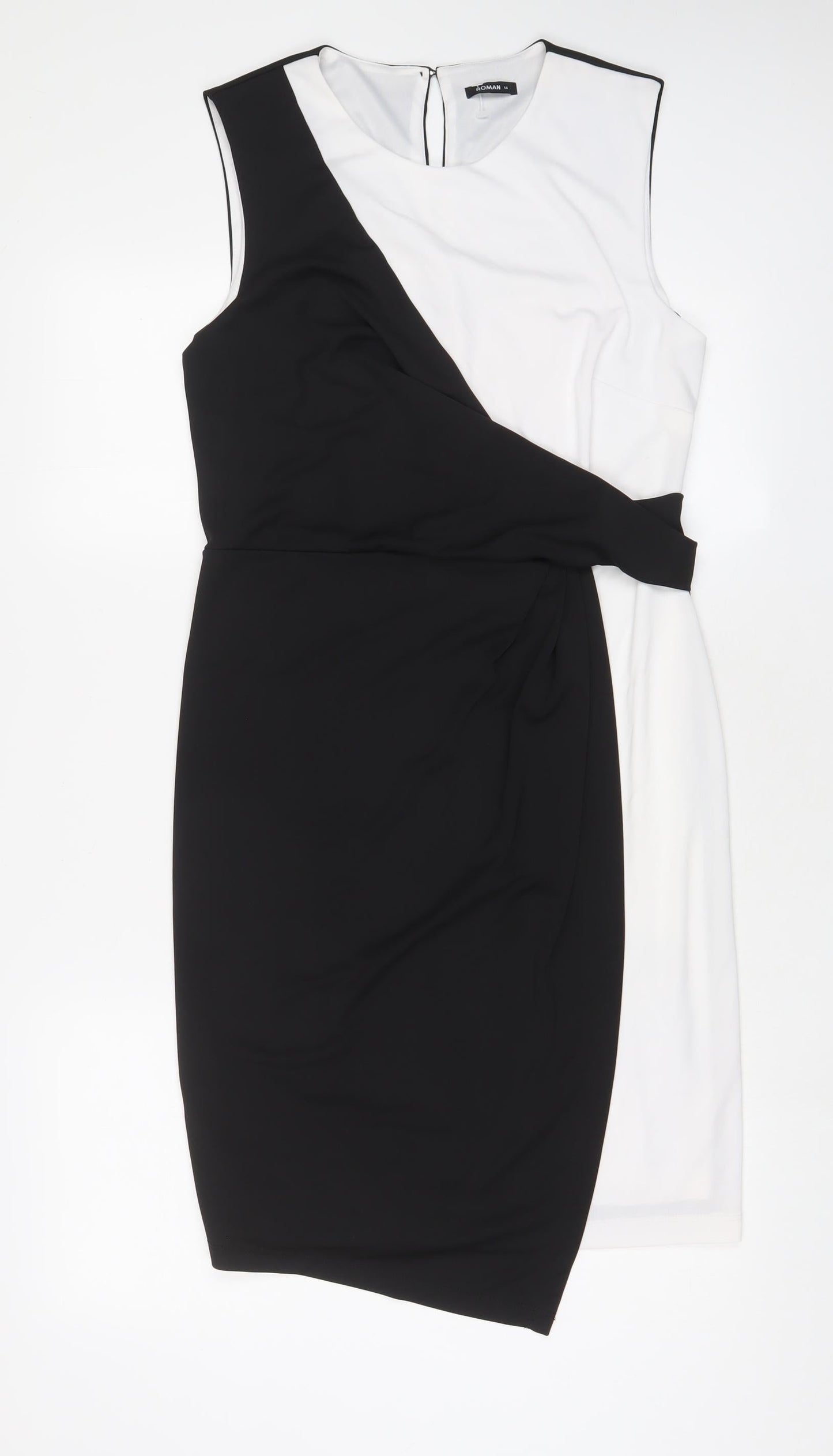 Roman Womens Black Polyester Sheath Size 14 Crew Neck Button