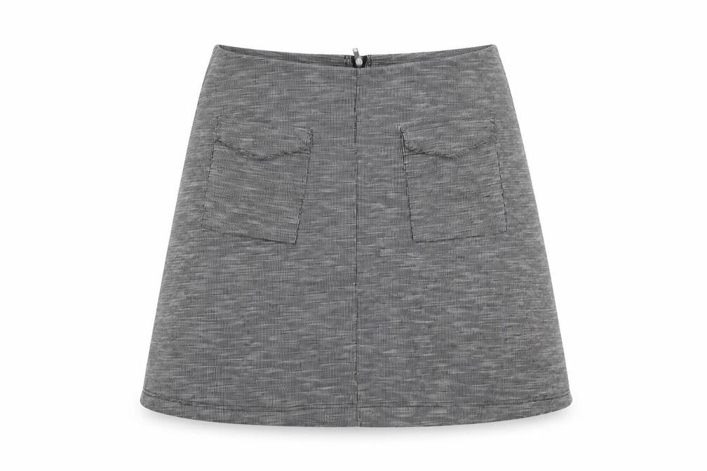 Front view of Miss Selfridge women’s grey polyester a-line skirt, size UK 10, zip