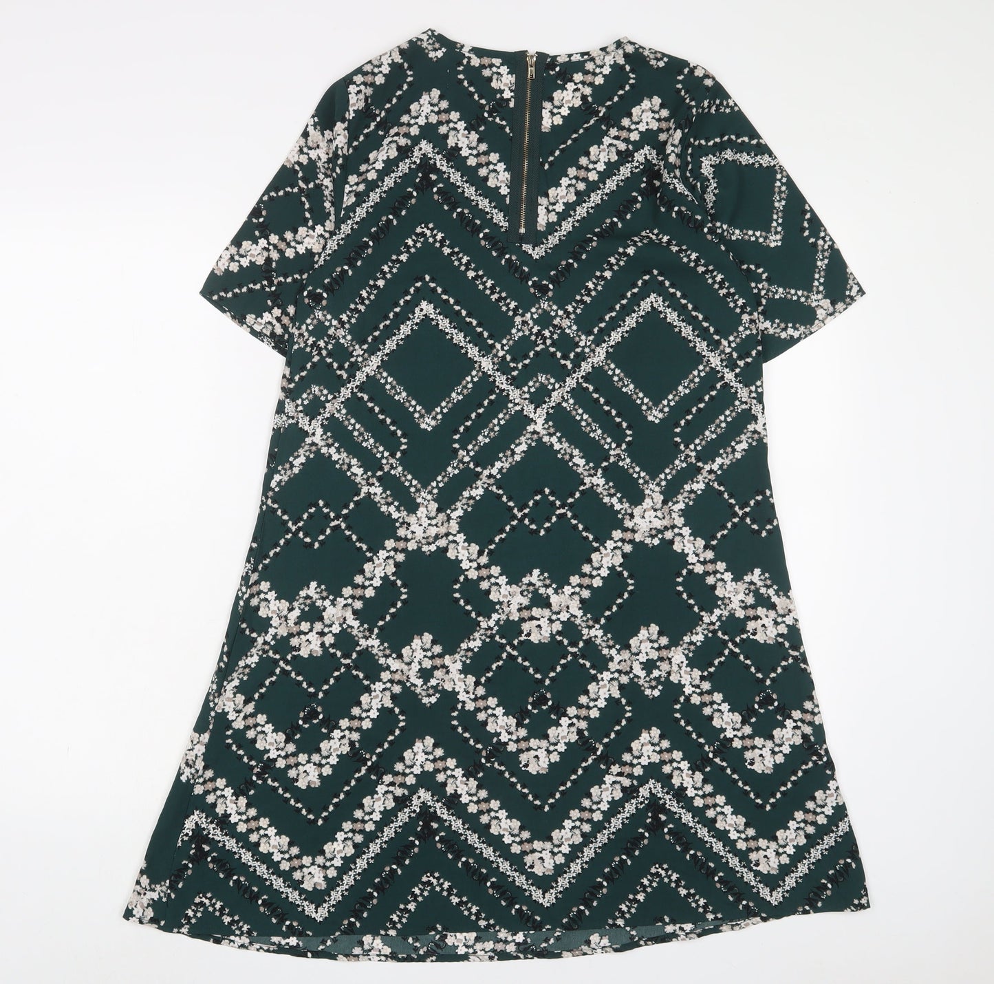 Apricot Womens Green Geometric Polyester A-Line Size 8 Crew Neck Zip