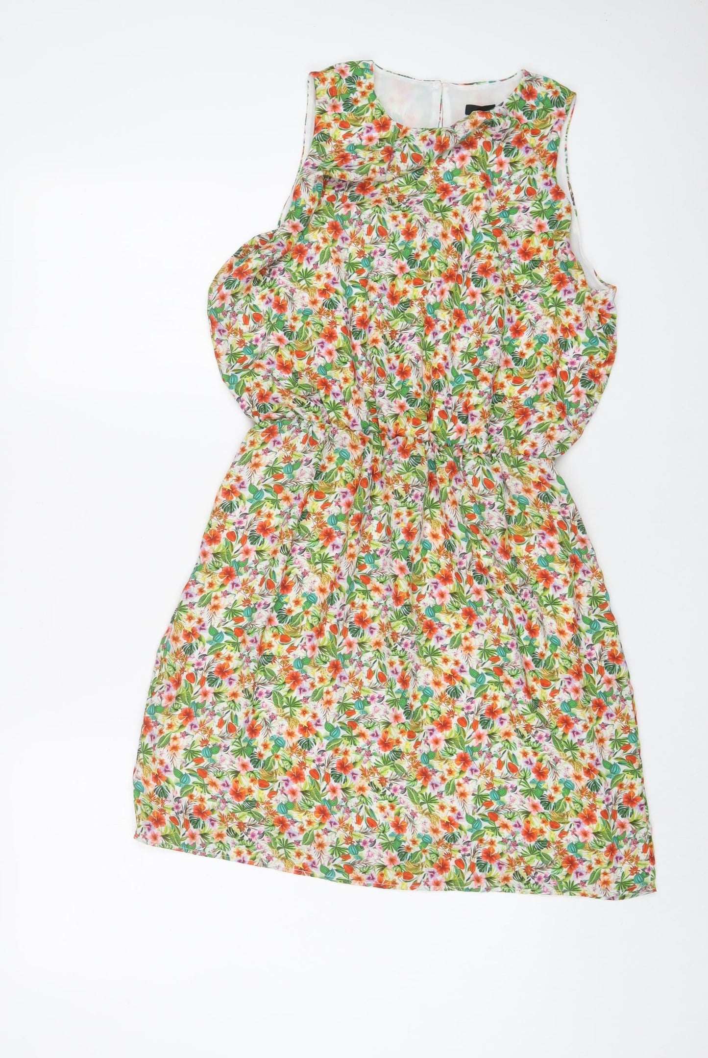 H&M Womens Multicoloured Floral Polyester A-Line Size 10 Crew Neck Button