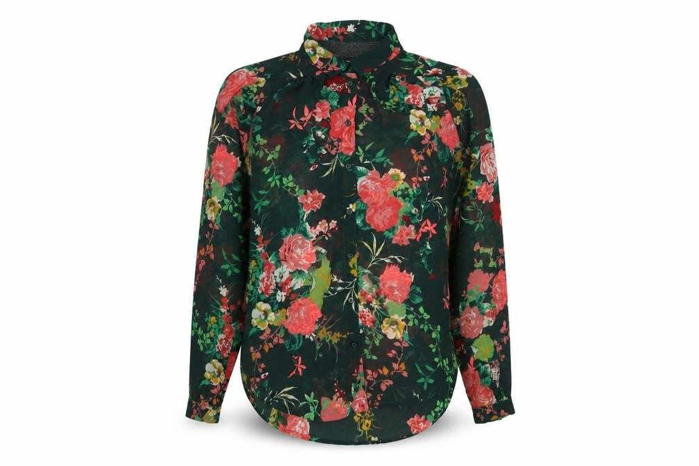 Front view of Only women’s green floral polyester basic button-up, size UK 18, collared
