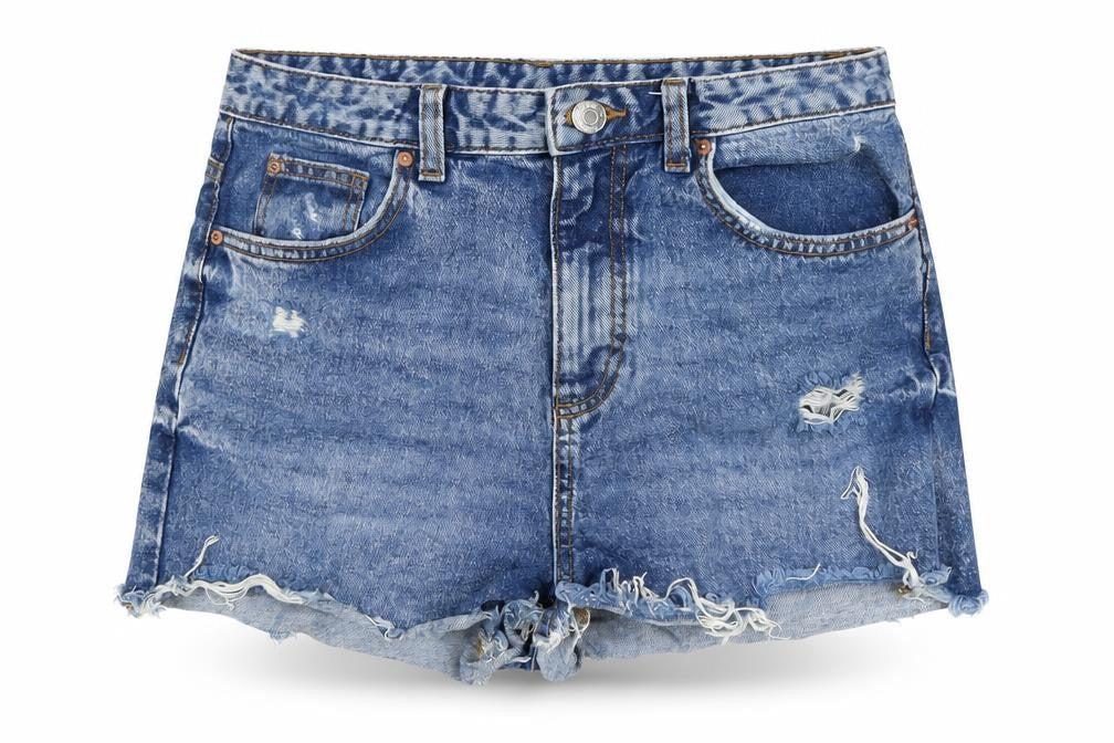 Front view of Denim & Co. women’s blue cotton cut-off shorts, size UK 10, regular zip