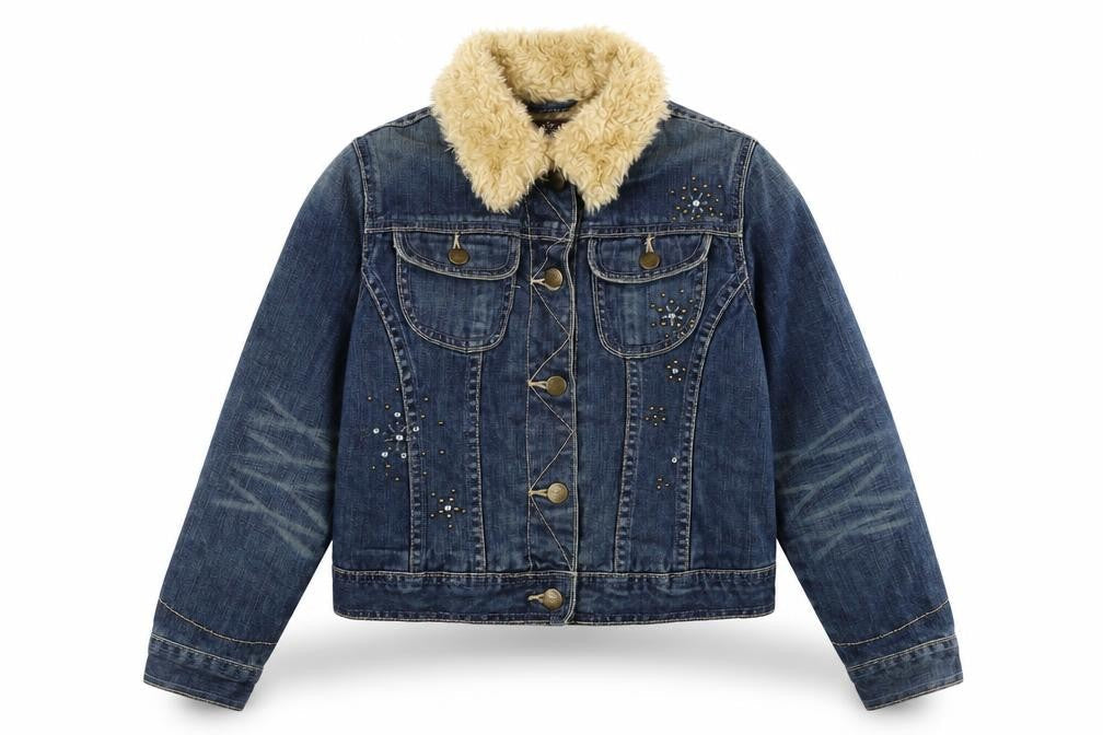 Front view of Authentic Gap girls’ blue biker jacket, size L, button - jewelled detail to front.