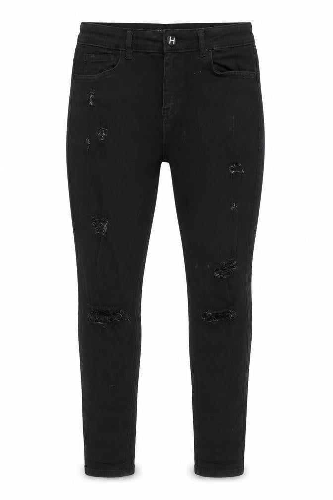 Front view of Hera London men’s black cotton blend tapered jeans, size 28, in, 28-inch leg regular zip