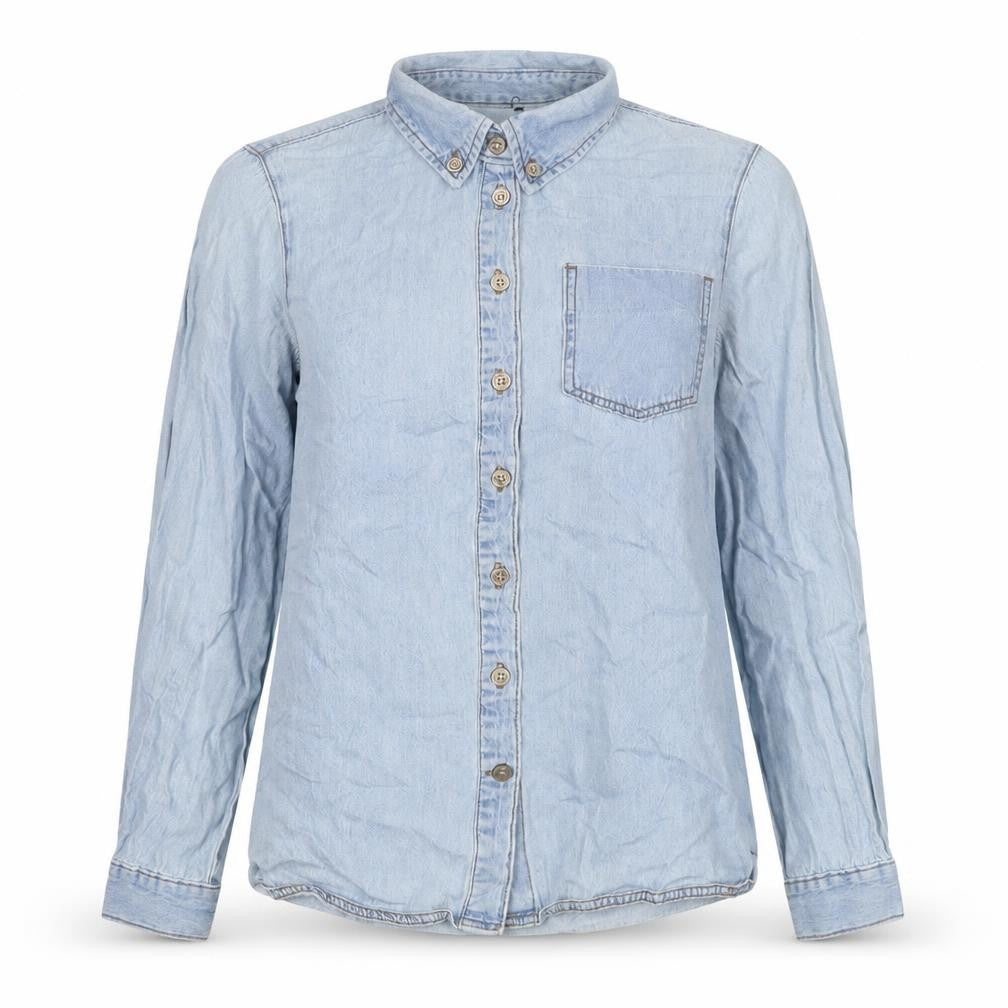 Front view of ASOS women’s blue cotton basic button-up, size UK 6, collared