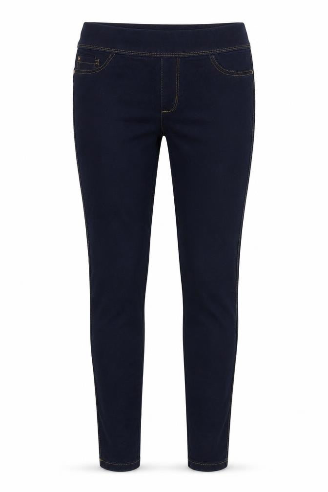 Front view of Denim & Co. women’s blue cotton jegging jeans, size UK 10, 27-inch leg regular zip