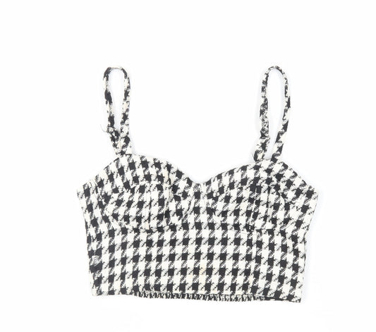 Stradivarius Womens Black Geometric Polyester Cropped Tank Size M Sweetheart - Shirred Back