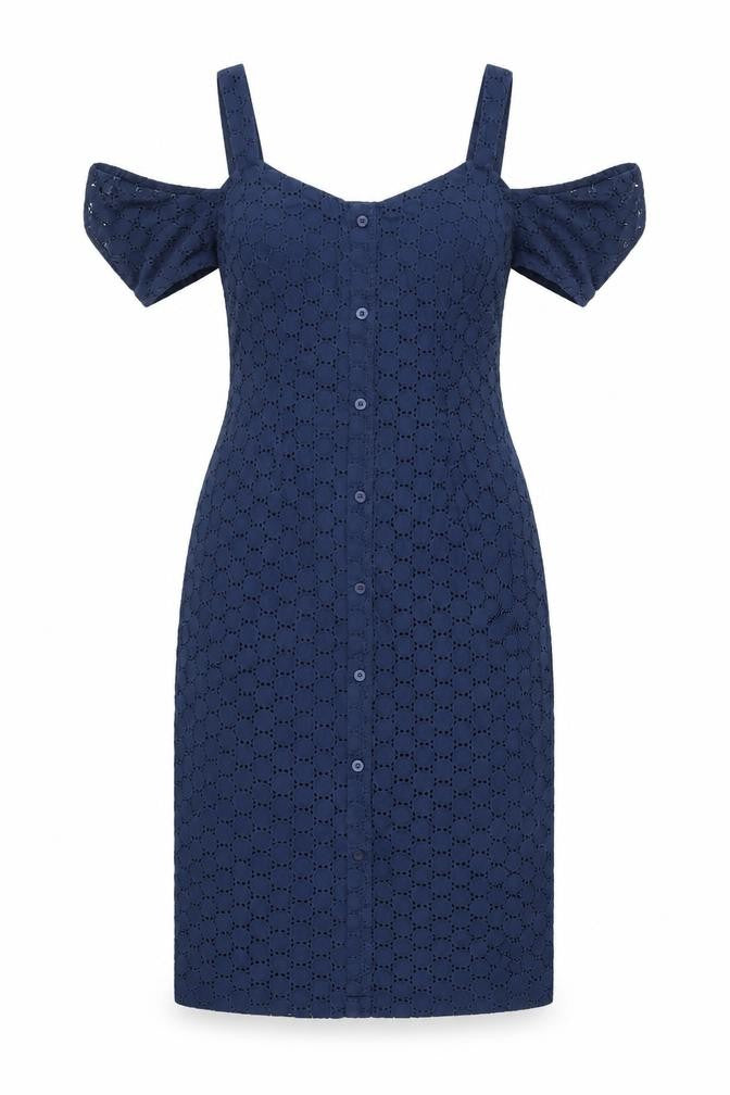 Bravissimo Womens Blue Cotton Pencil Dress Size 8 Off the Shoulder Button - Broderie Anglaise