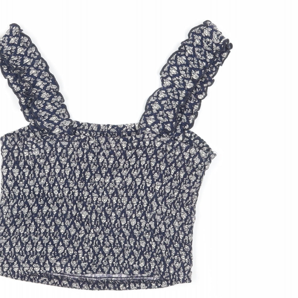 Hollister Womens Blue Geometric Viscose Cropped Tank Size XS Square Neck - Shirred
