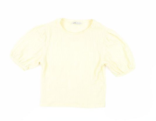 Pull&Bear Womens Yellow Polyester Basic Blouse Size S Crew Neck - Textured