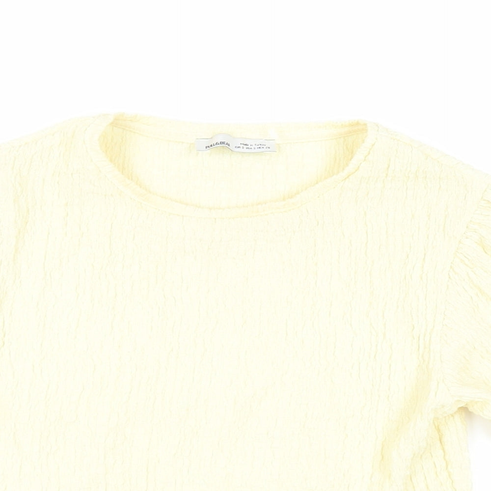 Pull&Bear Womens Yellow Polyester Basic Blouse Size S Crew Neck - Textured