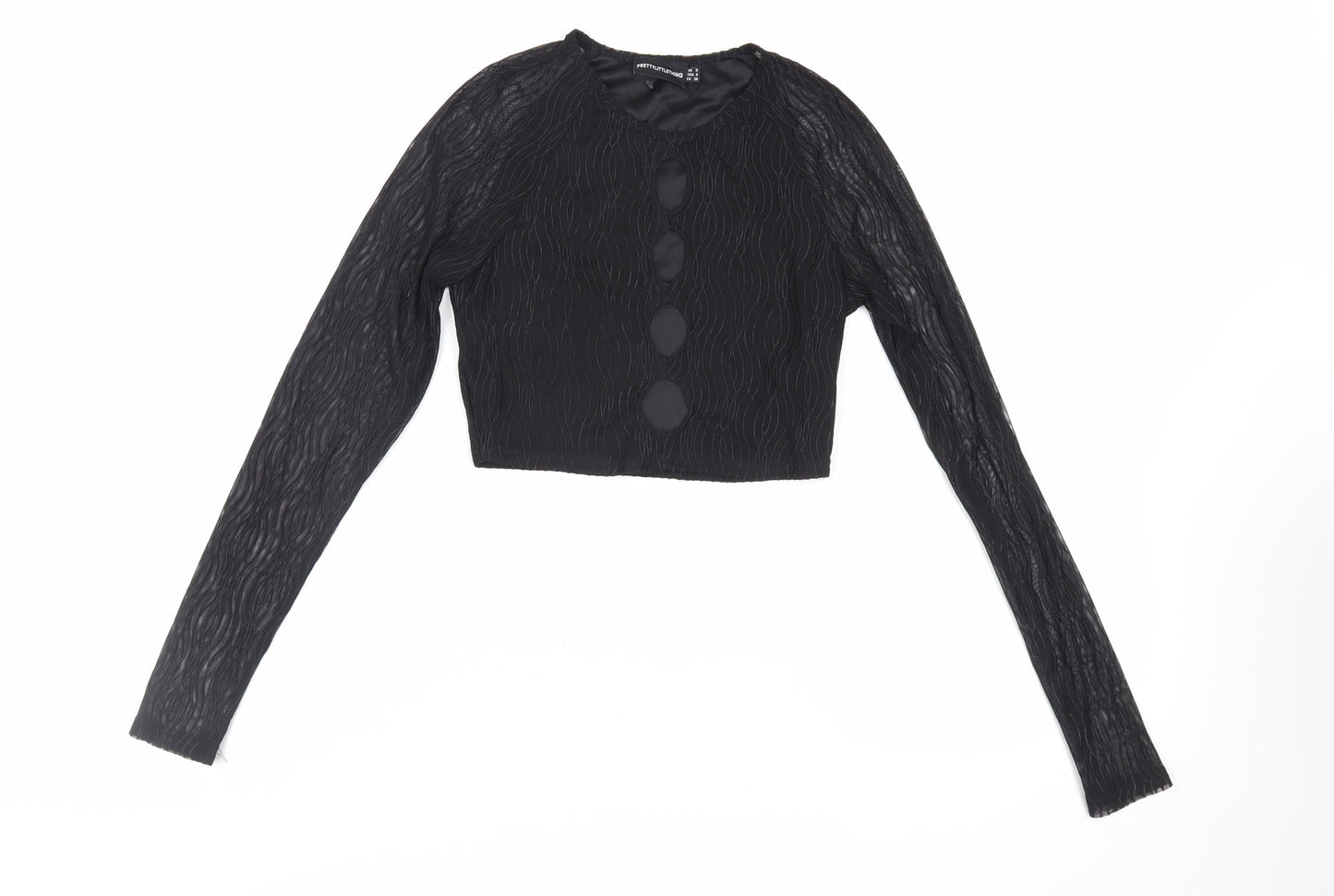 PRETTYLITTLETHING Womens Black Polyester Cropped Blouse Size 8 Crew Neck - Textured