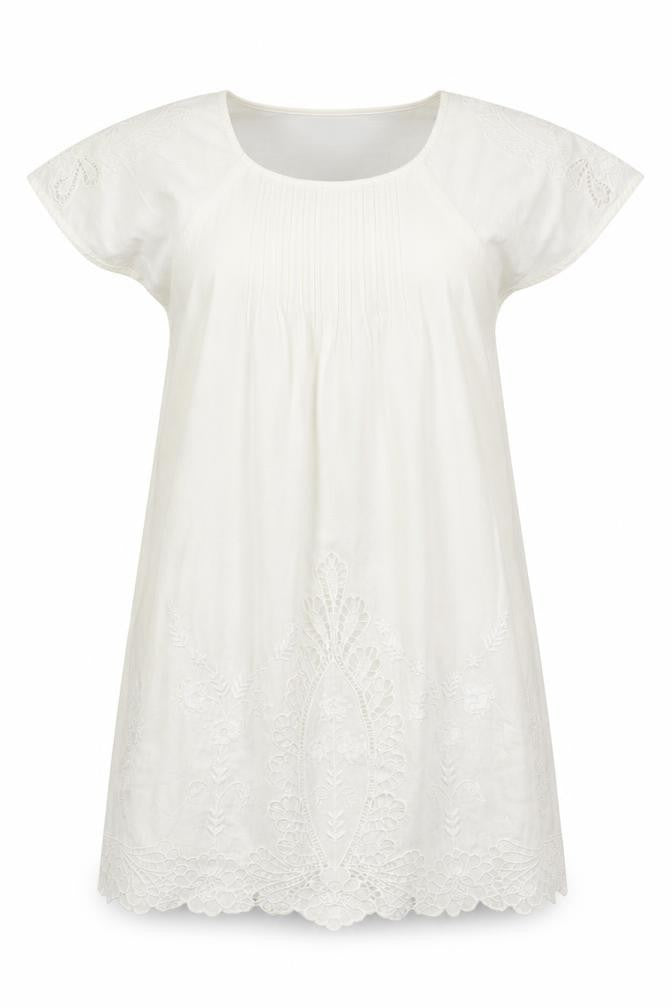 Front view of French Connection women’s white 100% cotton shift, size UK 8, round neck