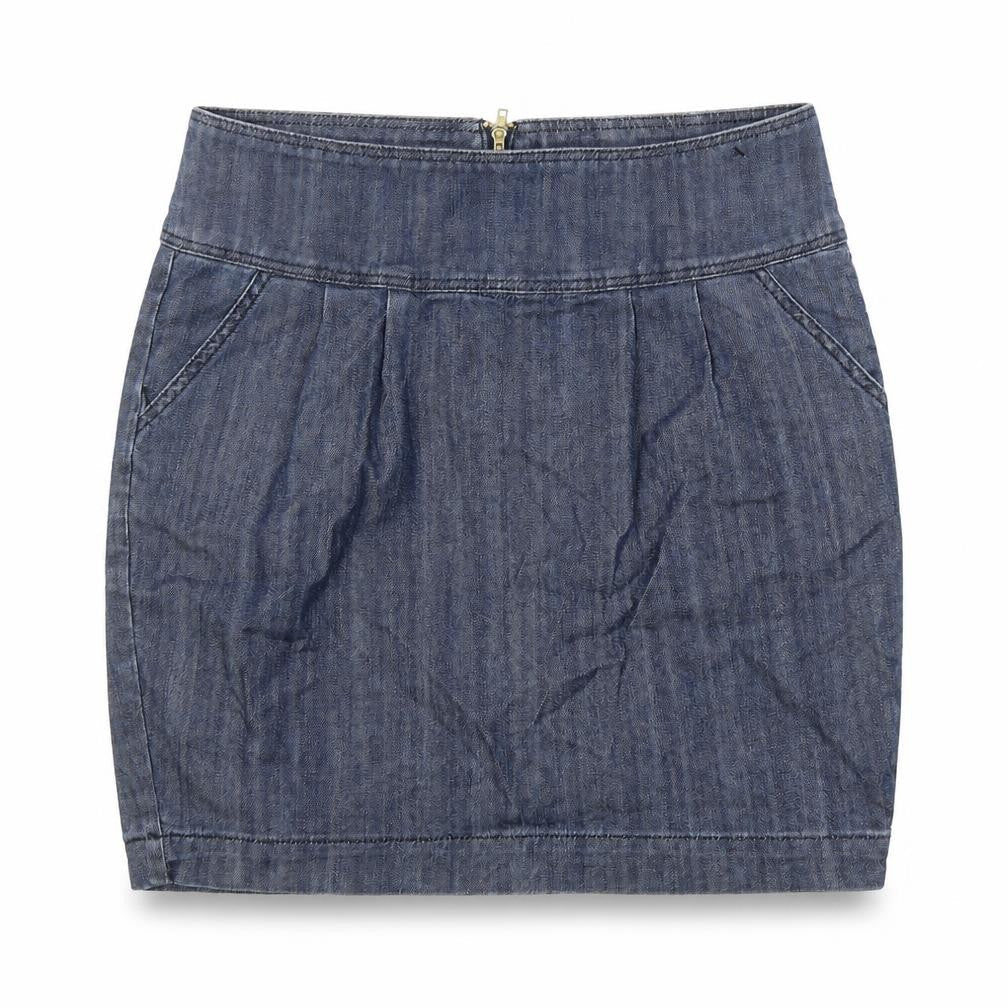 Front view of Be Beau women’s blue cotton mini skirt, size UK 10