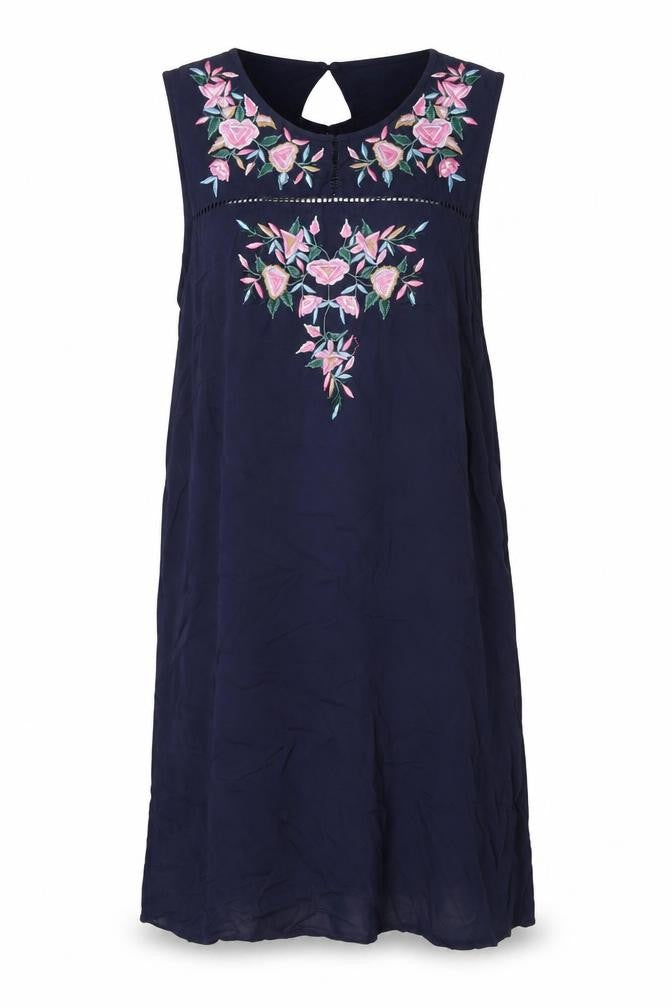 Front view of Red Herring women’s blue floral viscose shift, size UK 12, round neck button