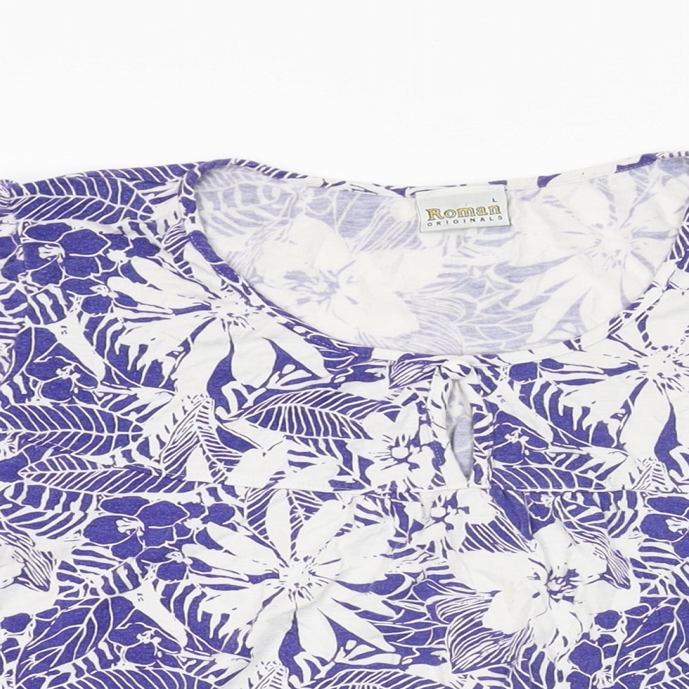 Roman Womens Blue Floral Viscose Basic T-Shirt Size L Round Neck