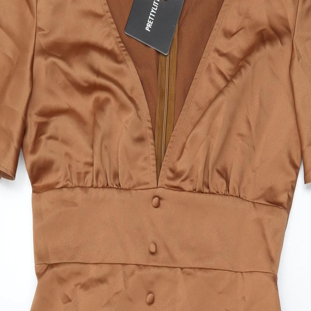 PRETTYLITTLETHING Womens Brown Polyester Shift Size 8 V-Neck Zip