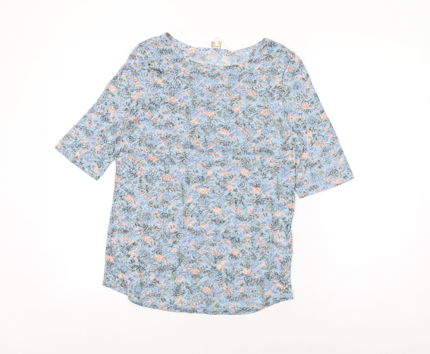 Cotton Traders Womens Blue Floral Cotton Basic T-Shirt Size 10 Round Neck