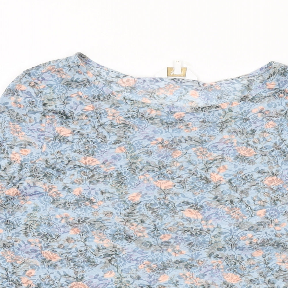 Cotton Traders Womens Blue Floral Cotton Basic T-Shirt Size 10 Round Neck