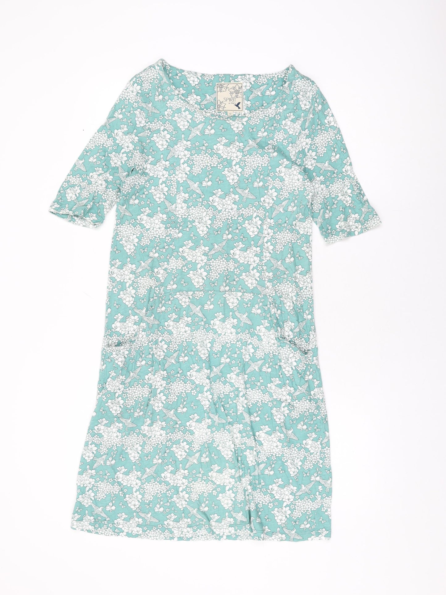 M&Co Womens Green Floral Cotton Shift Size 12 Round Neck Pullover