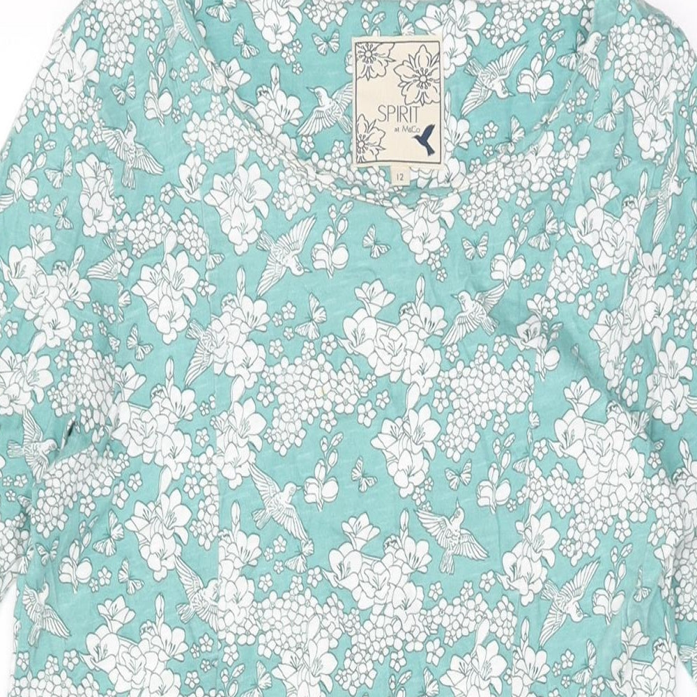 M&Co Womens Green Floral Cotton Shift Size 12 Round Neck Pullover