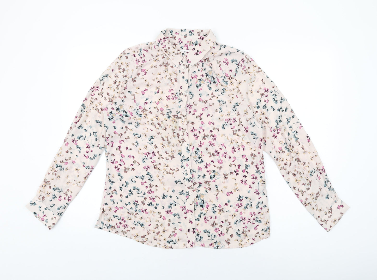 Marks and Spencer Womens Pink Floral Polyester Basic Button-Up Size 12 Collared