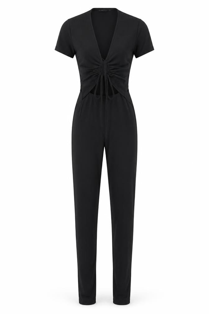 PRETTYLITTLETHING Womens Black Polyester Jumpsuit One-Piece Size 8 L32 in Pullover - Cut Out Drawstring Detail