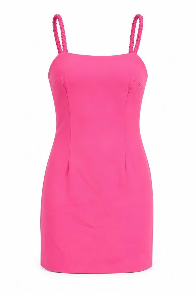 Front view of Missguided women’s pink polyester bodycon, size UK 6, square neck zip