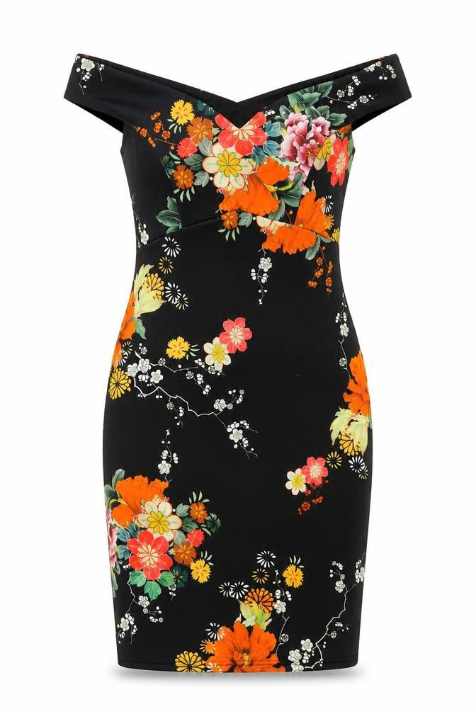 Front view of Red Herring women’s black floral polyester bodycon, size UK 10, off the shoulder pullover