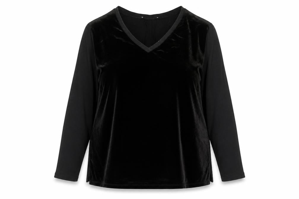 Front view of Oui women’s black viscose basic blouse, size UK 16, v-neck - velour