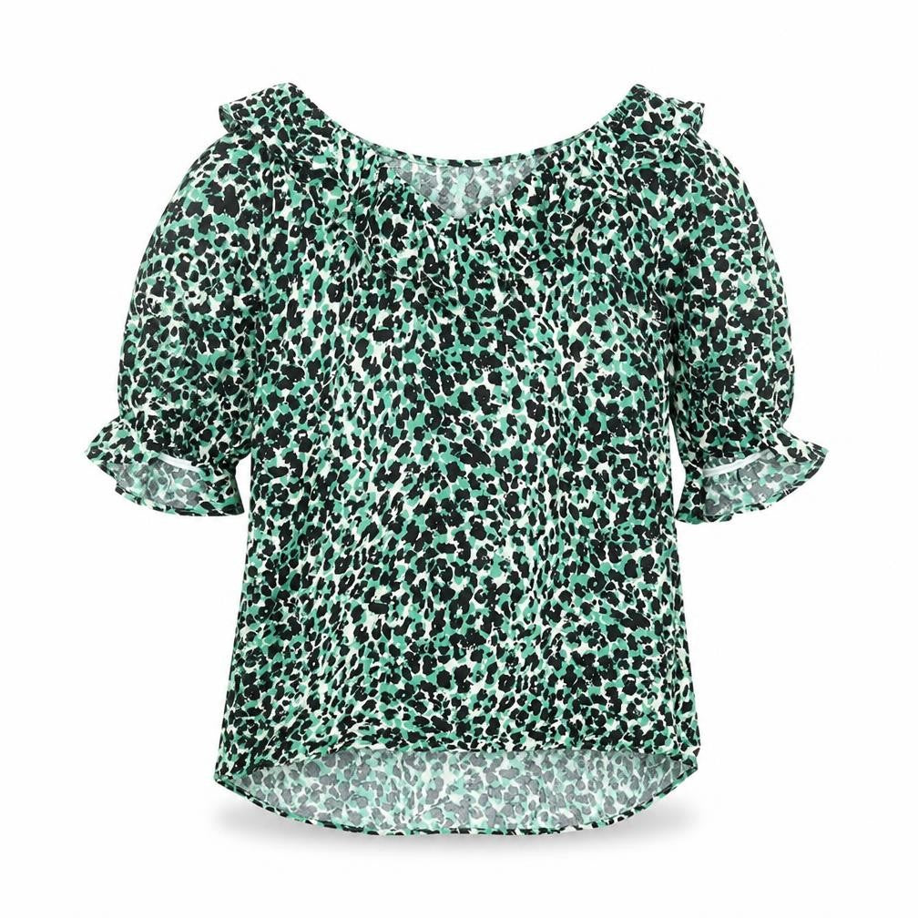 Marks & Spencer Womens Green Animal Print Viscose Basic Blouse Size 10 V-Neck - Frill Leopard Print