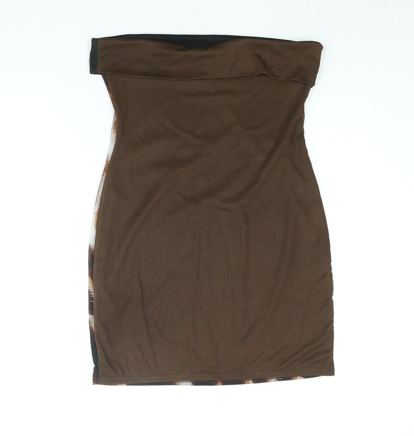 PRETTYLITTLETHING Womens Brown Geometric Polyester Bodycon Size 14 Square Neck Pullover