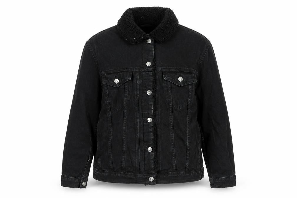 Front view of ASOS women’s black jacket, size UK 12, button - fleece lined