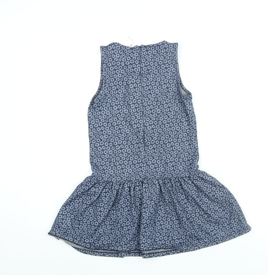 Marks and Spencer Girls Blue Floral Cotton Shift Size 9-10 Years Round Neck Zip - Frill